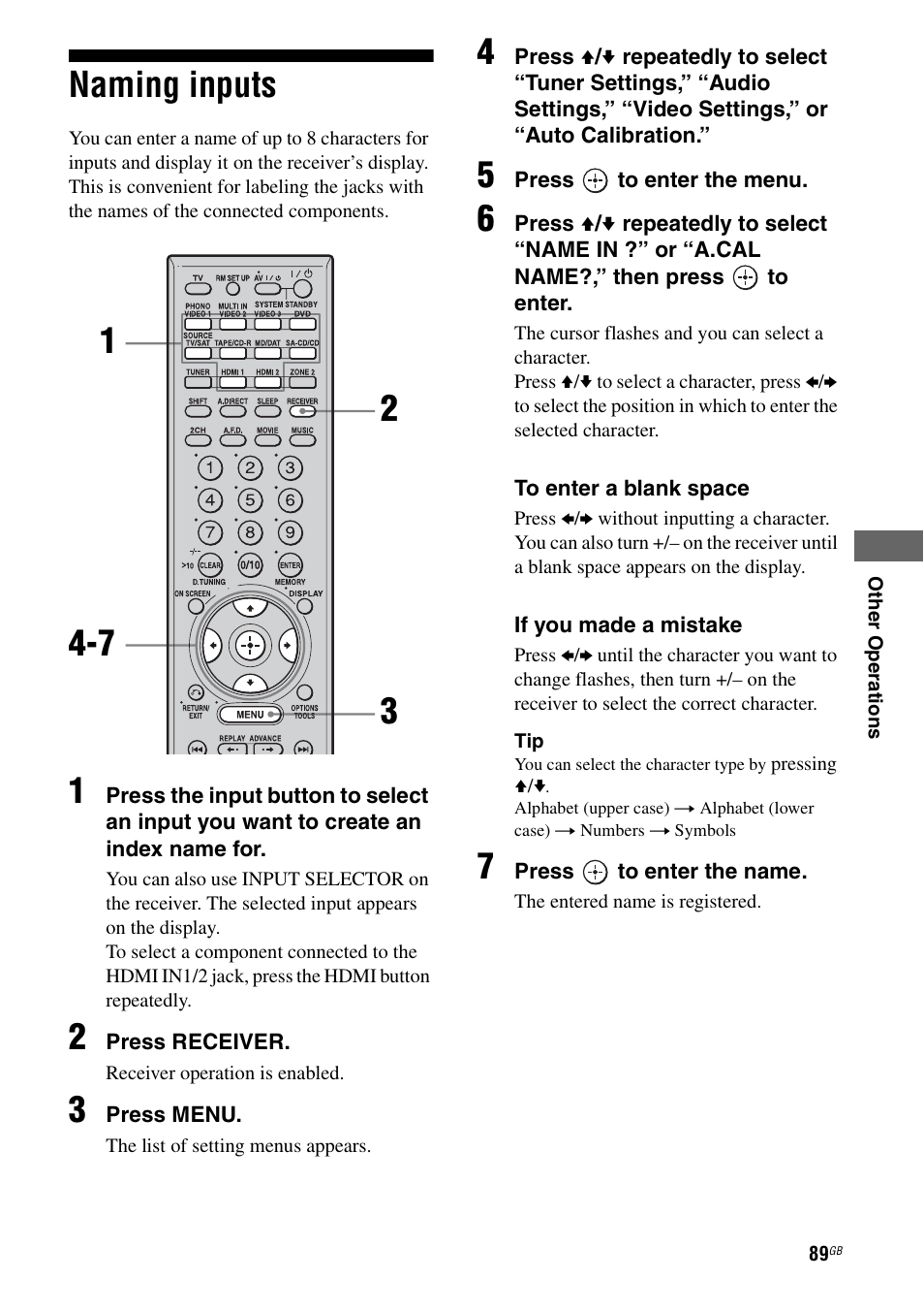 Naming inputs, 89) etc, E 89 | Ge 89 | Sony STR-DA3200ES User Manual | Page 89 / 127