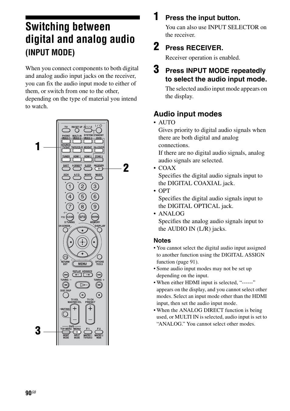 Switching between digital and analog audio, Input mode), E 90 | E 90) | Sony STR-DA3200ES User Manual | Page 90 / 127