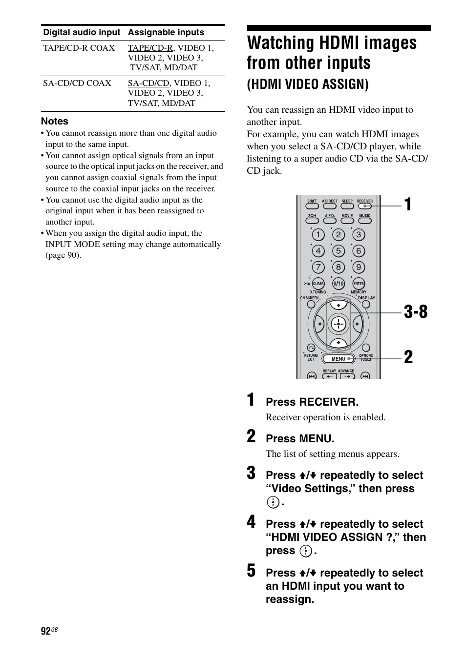 Watching hdmi images from other inputs, Hdmi video assign), E 92 | Sony STR-DA3200ES User Manual | Page 92 / 127