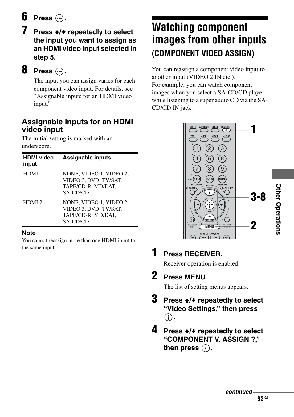 Watching component images from other, Inputs (component video assign), E 93) | Watching component images from other inputs | Sony STR-DA3200ES User Manual | Page 93 / 127