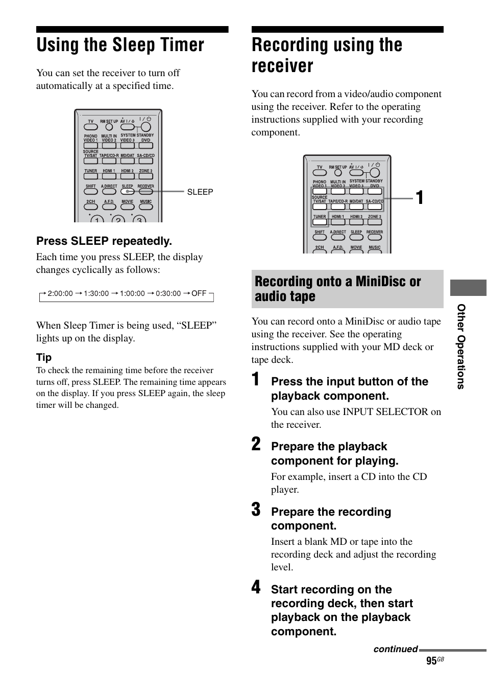 Using the sleep timer, Recording using the receiver, Using the sleep timer recording using the receiver | E 95, Recording onto a minidisc or audio tape | Sony STR-DA3200ES User Manual | Page 95 / 127