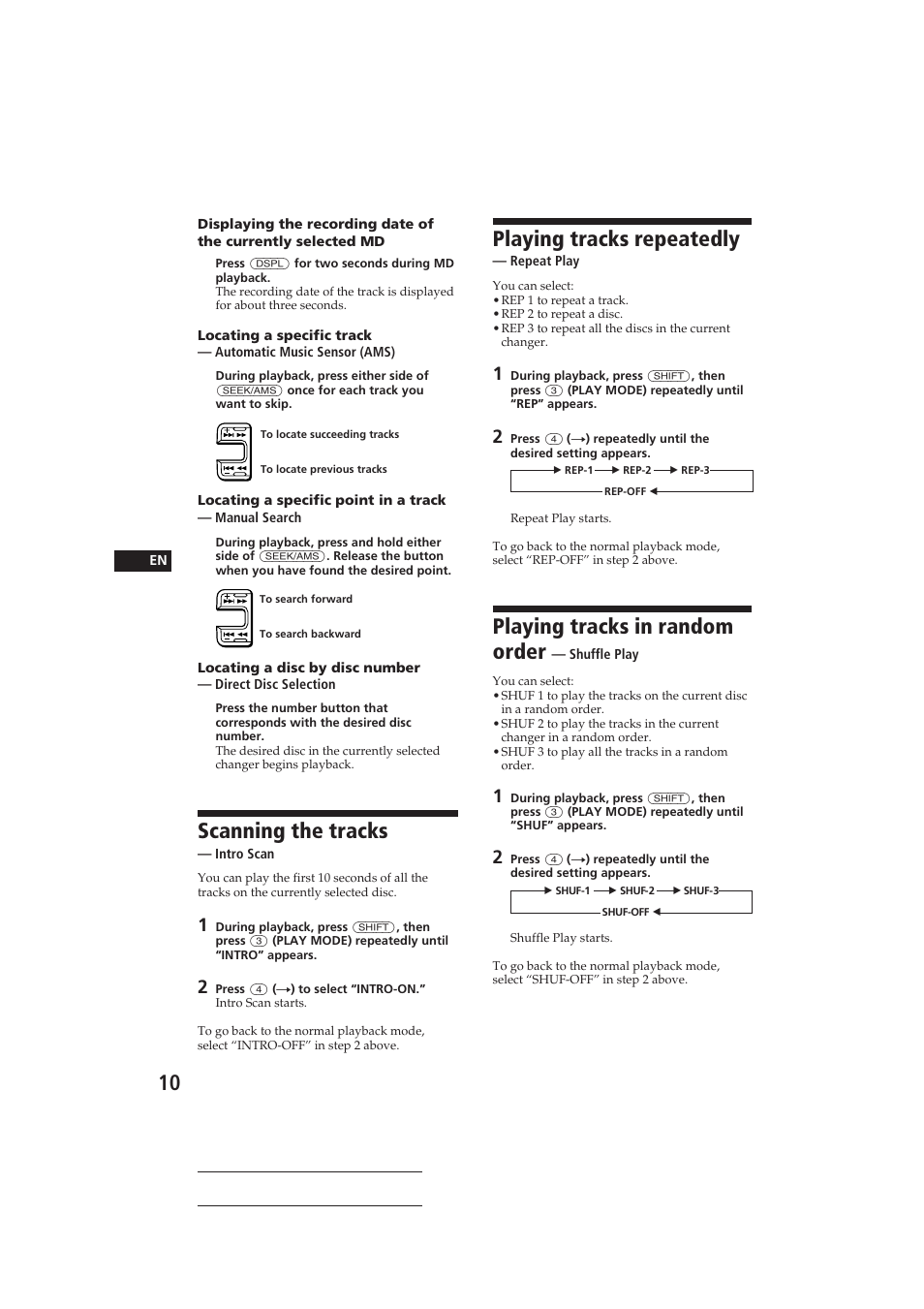 Scanning the tracks, Playing tracks repeatedly, Playing tracks in random order | Sony CDX-C410 User Manual | Page 10 / 43