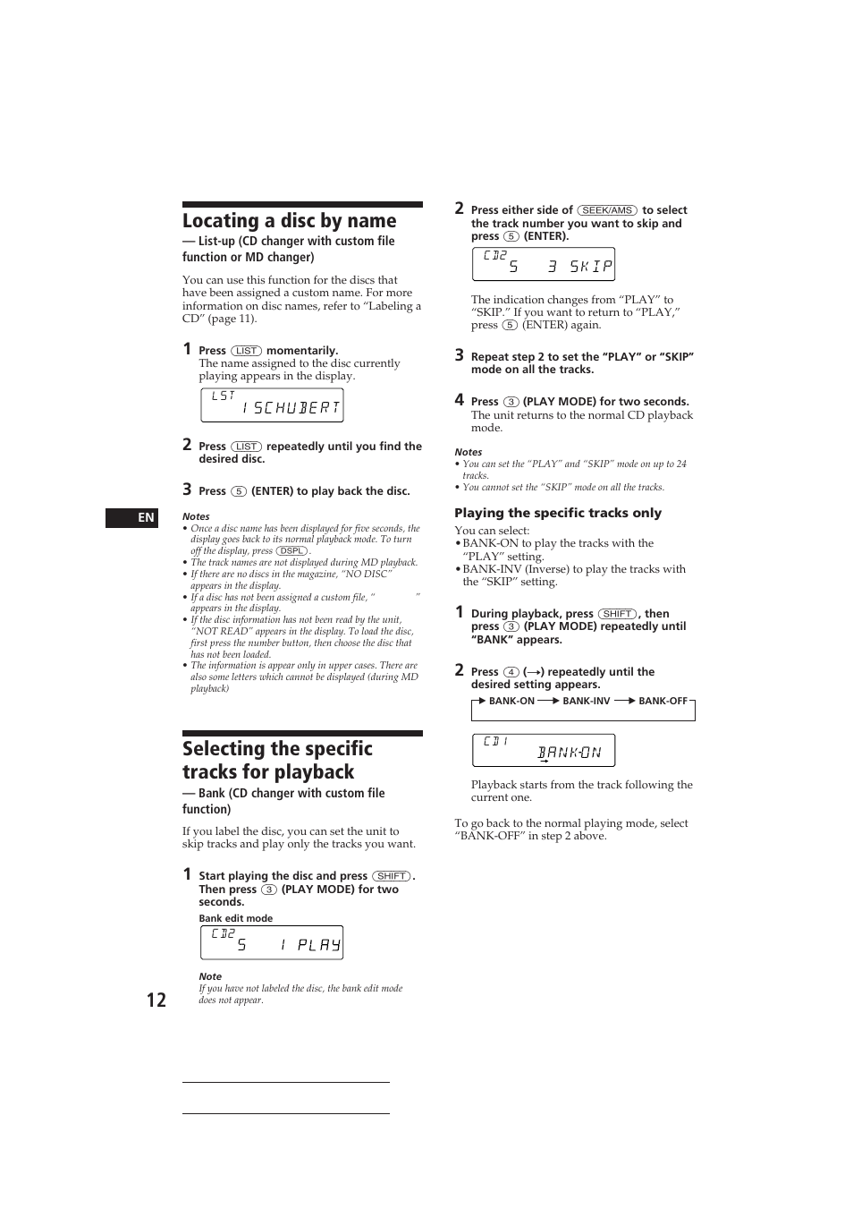 Locating a disc by name, Selecting the specific tracks for playback, Schubert | Sony CDX-C410 User Manual | Page 12 / 43