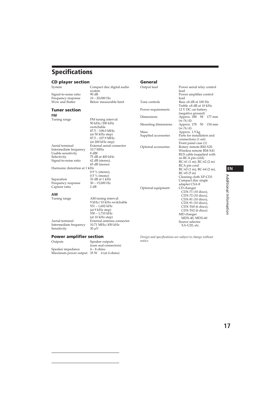 Specifications | Sony CDX-C410 User Manual | Page 17 / 43