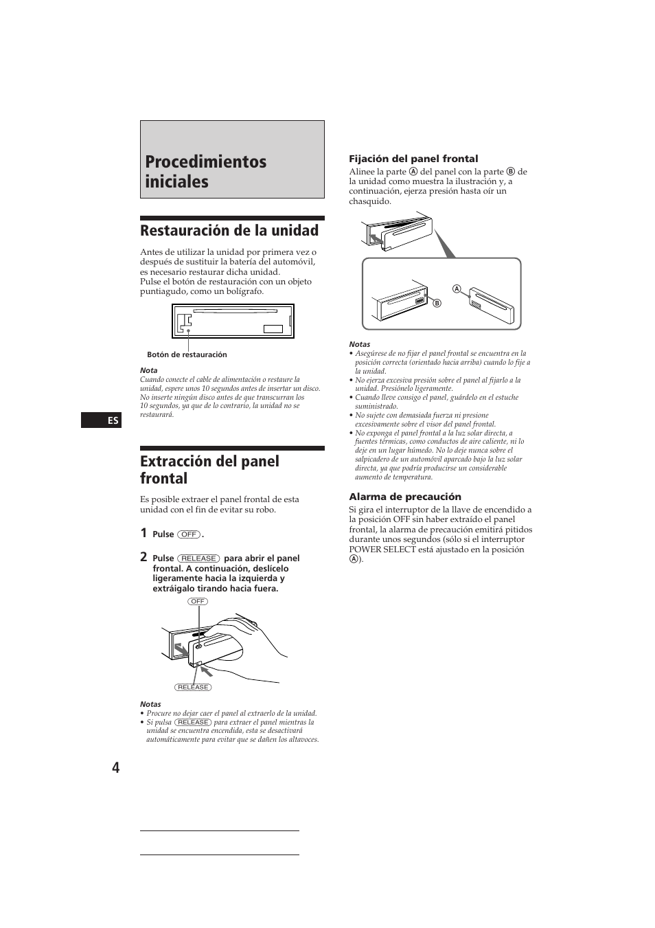 Procedimientos iniciales, Restauración de la unidad, Extracción del panel frontal | Sony CDX-C410 User Manual | Page 24 / 43