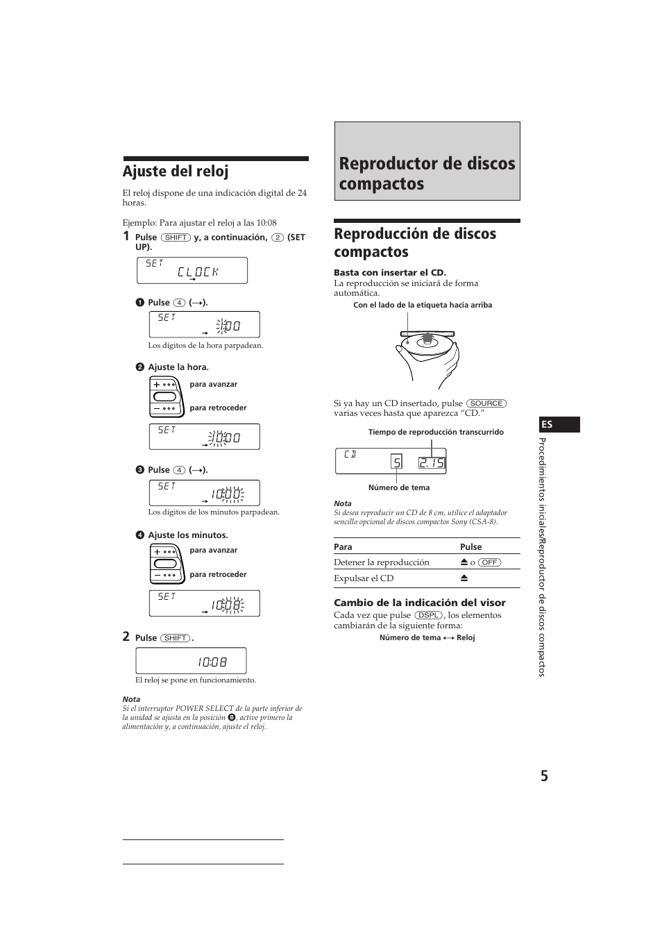 Reproductor de discos compactos, Reproducción de discos compactos, Ajuste del reloj | Clock | Sony CDX-C410 User Manual | Page 25 / 43