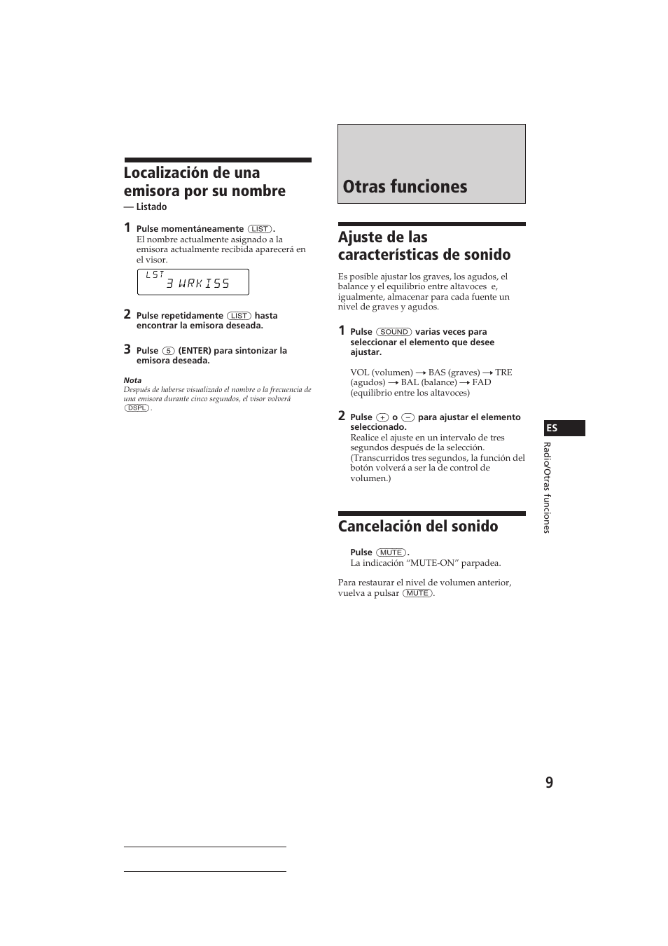 Otras funciones, Ajuste de las características de sonido, Cancelación del sonido | Localización de una emisora por su nombre | Sony CDX-C410 User Manual | Page 29 / 43