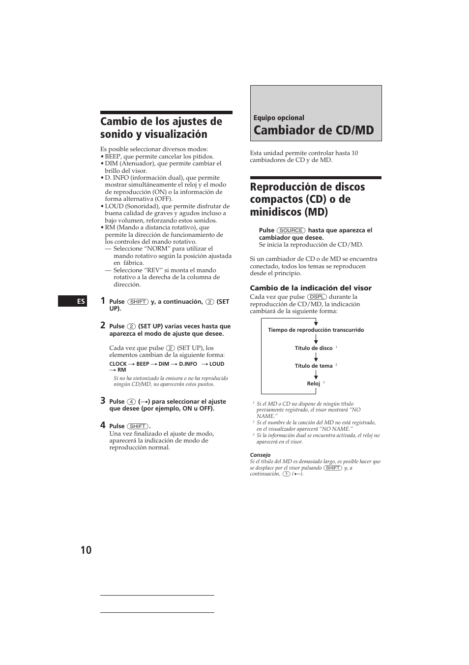 Cambiador de cd/md, Cambio de los ajustes de sonido y visualización | Sony CDX-C410 User Manual | Page 30 / 43