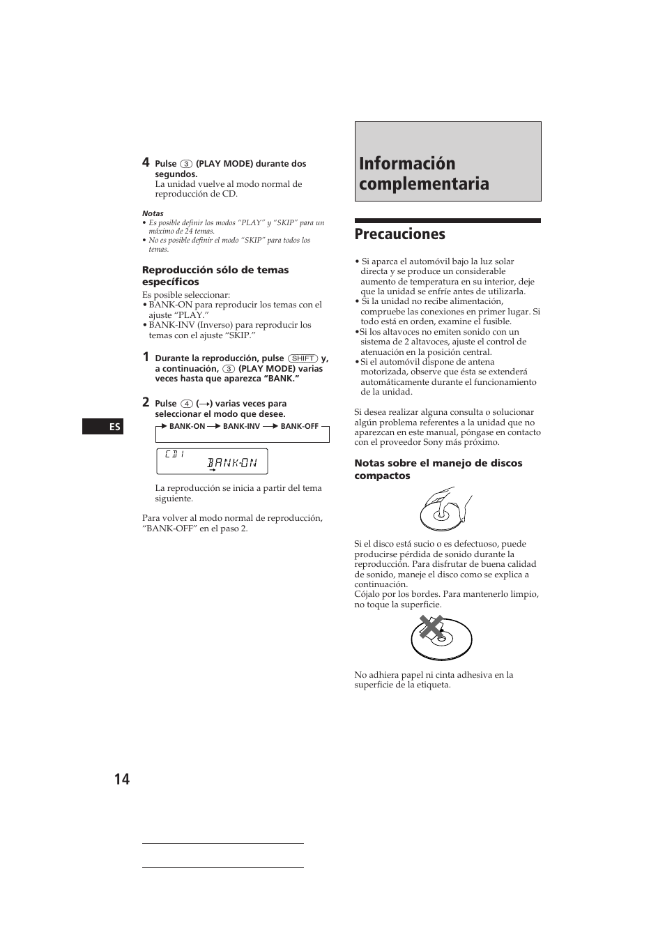 Información complementaria, Precauciones | Sony CDX-C410 User Manual | Page 34 / 43