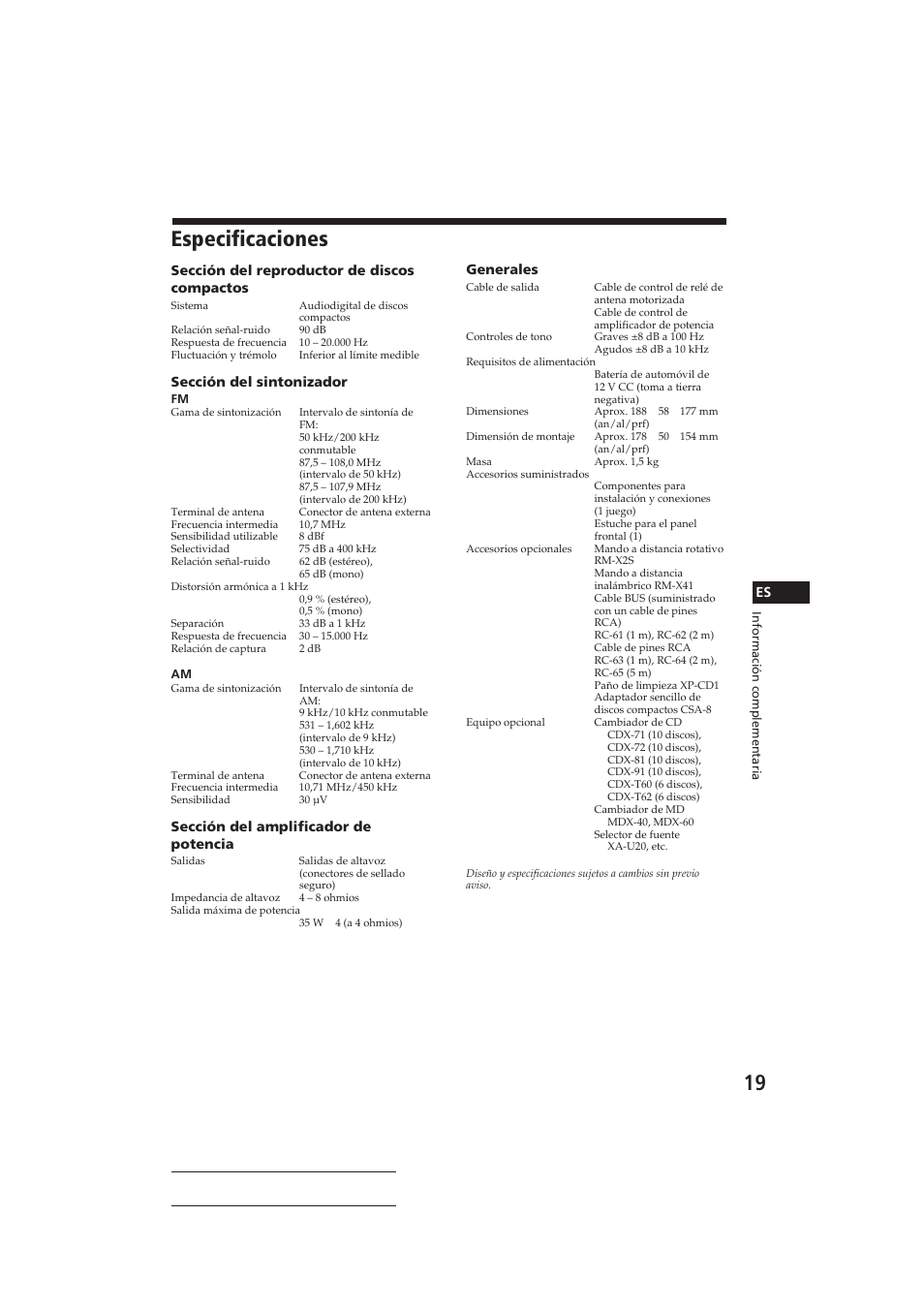 Especificaciones | Sony CDX-C410 User Manual | Page 39 / 43