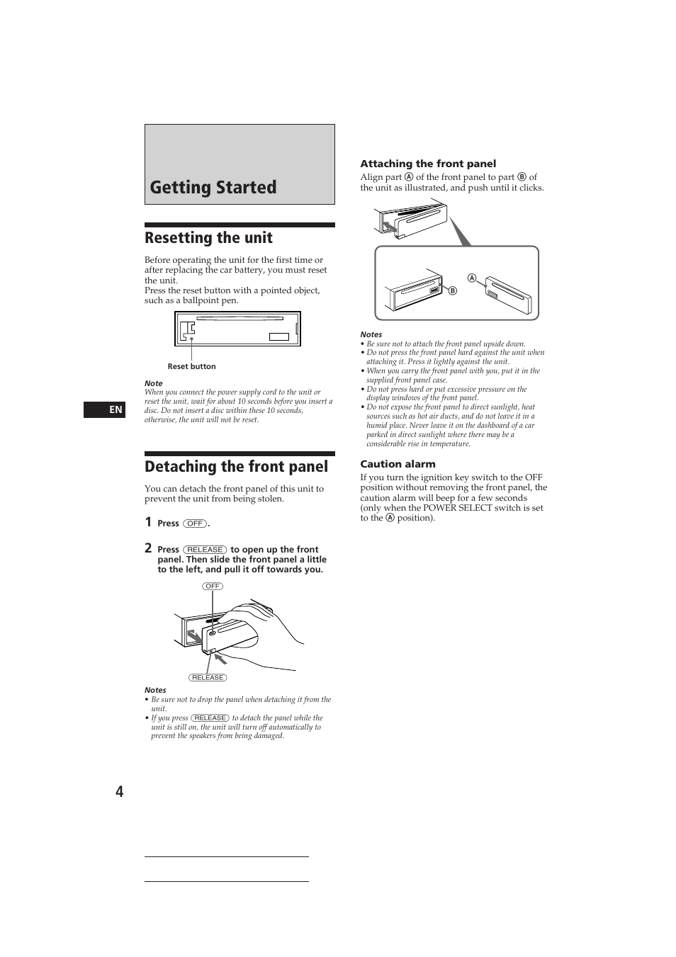 Getting started, Resetting the unit, Detaching the front panel | Sony CDX-C410 User Manual | Page 4 / 43