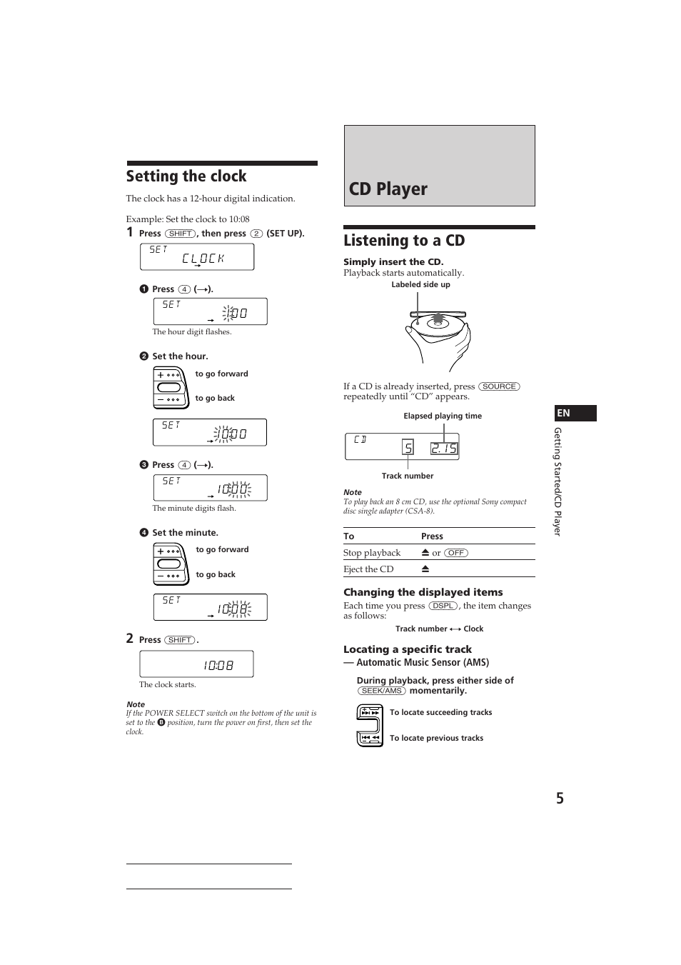 Cd player, Setting the clock, Listening to a cd | Ill020, Clock | Sony CDX-C410 User Manual | Page 5 / 43