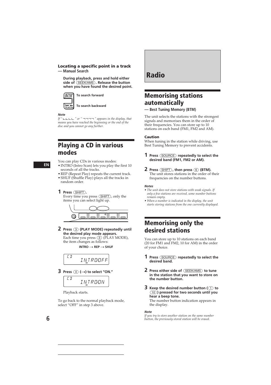 Radio, Playing a cd in various modes | Sony CDX-C410 User Manual | Page 6 / 43