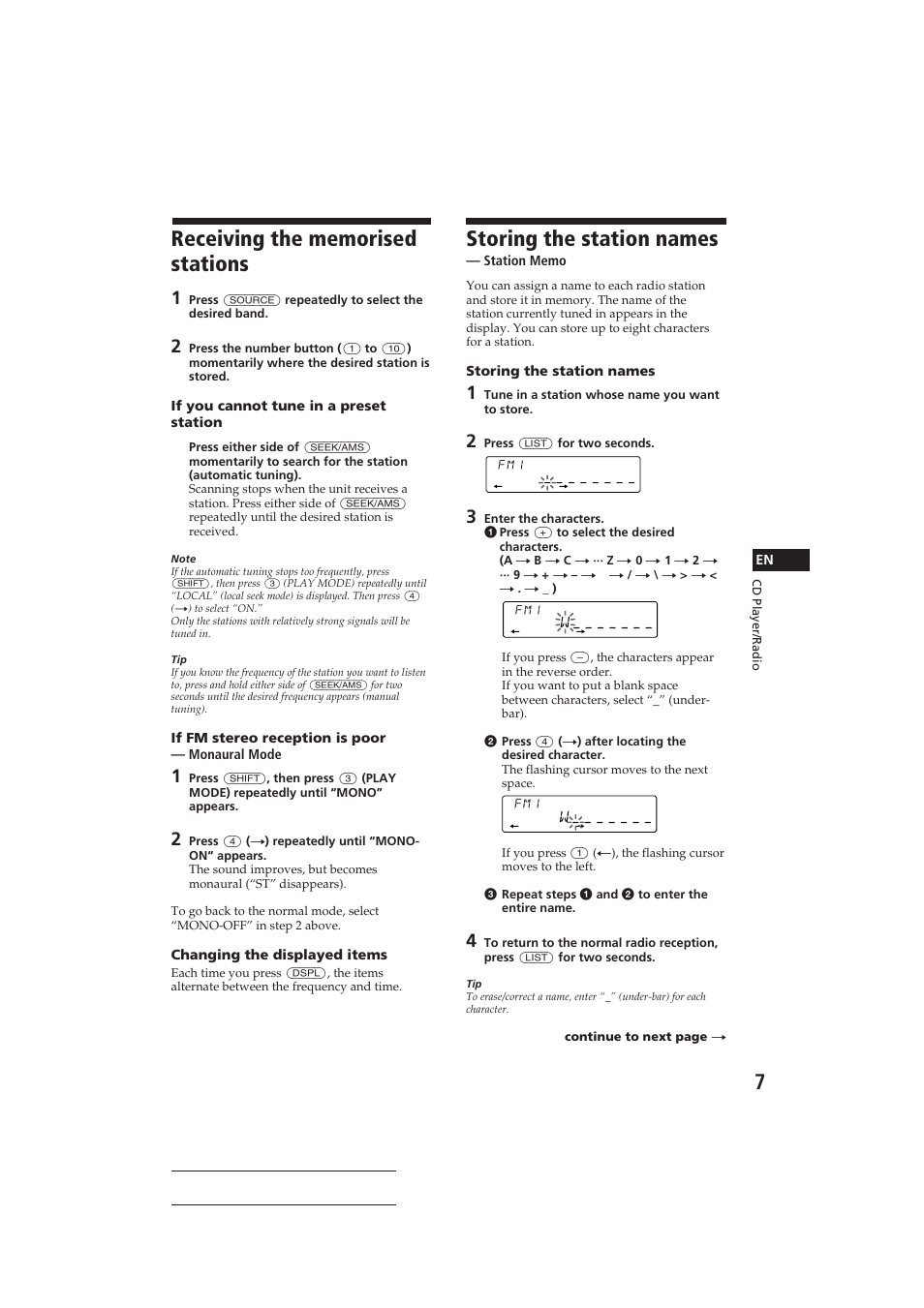 Storing the station names | Sony CDX-C410 User Manual | Page 7 / 43