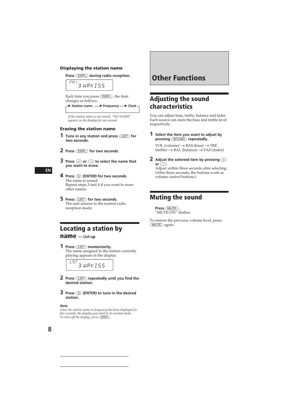 Other functions, Adjusting the sound characteristics, Muting the sound | Locating a station by name | Sony CDX-C410 User Manual | Page 8 / 43