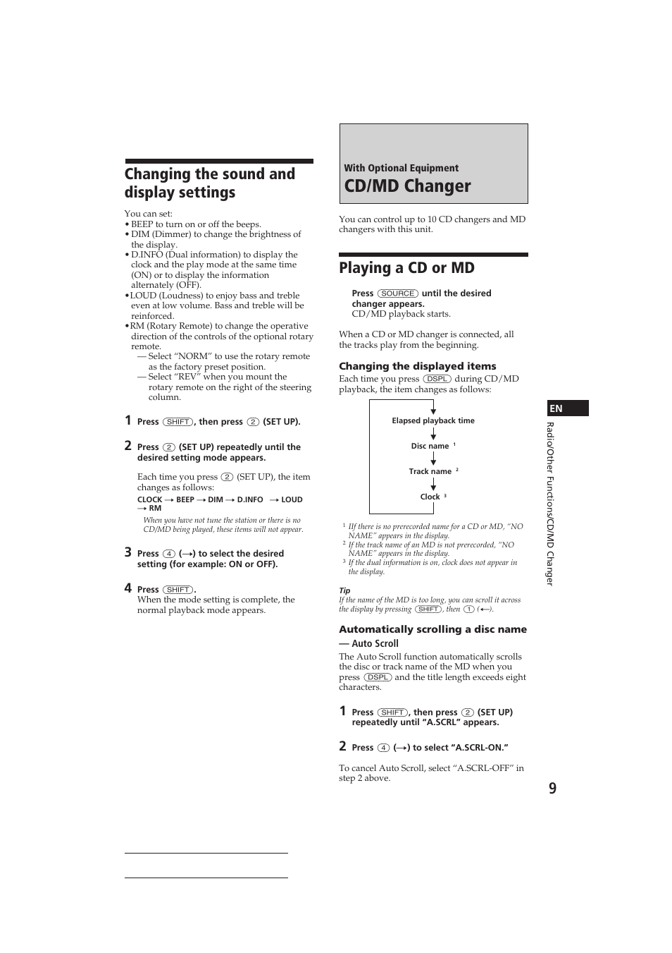Cd/md changer, Changing the sound and display settings, Playing a cd or md | Sony CDX-C410 User Manual | Page 9 / 43