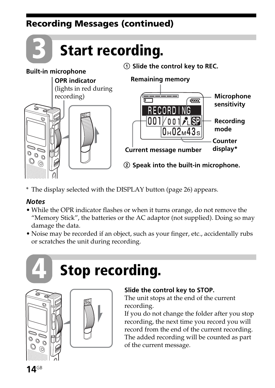Stop recording, Start recording | Sony ICD-BM1AVTP User Manual | Page 14 / 80