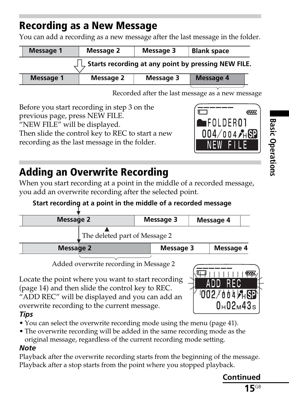 Recording as a new message, Adding an overwrite recording | Sony ICD-BM1AVTP User Manual | Page 15 / 80