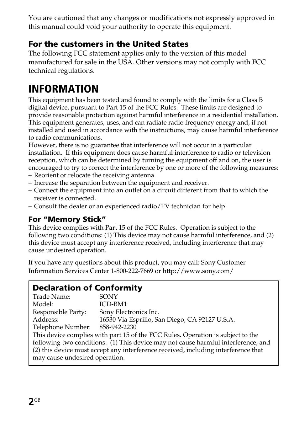 Information | Sony ICD-BM1AVTP User Manual | Page 2 / 80