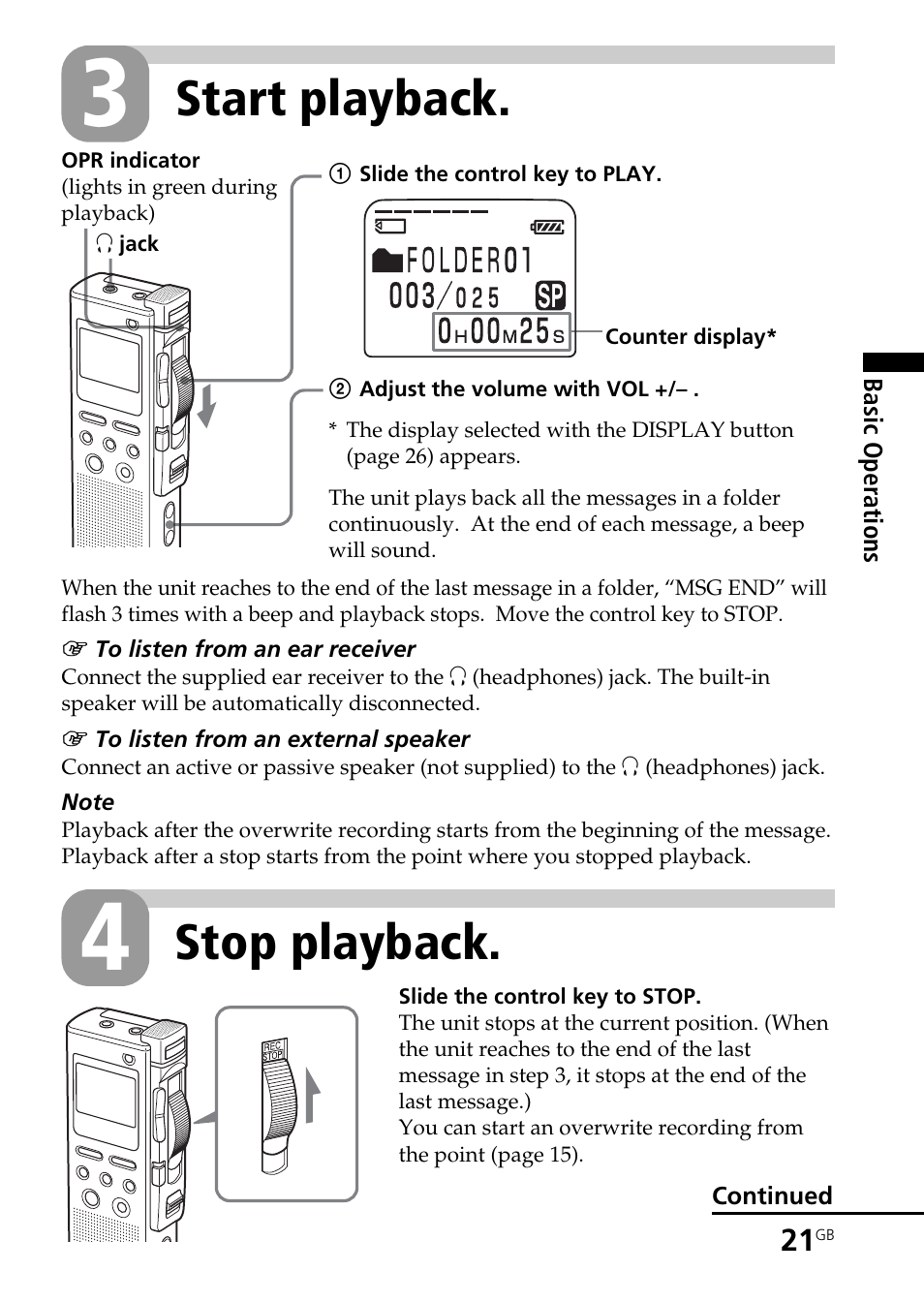 Stop playback, Start playback | Sony ICD-BM1AVTP User Manual | Page 21 / 80