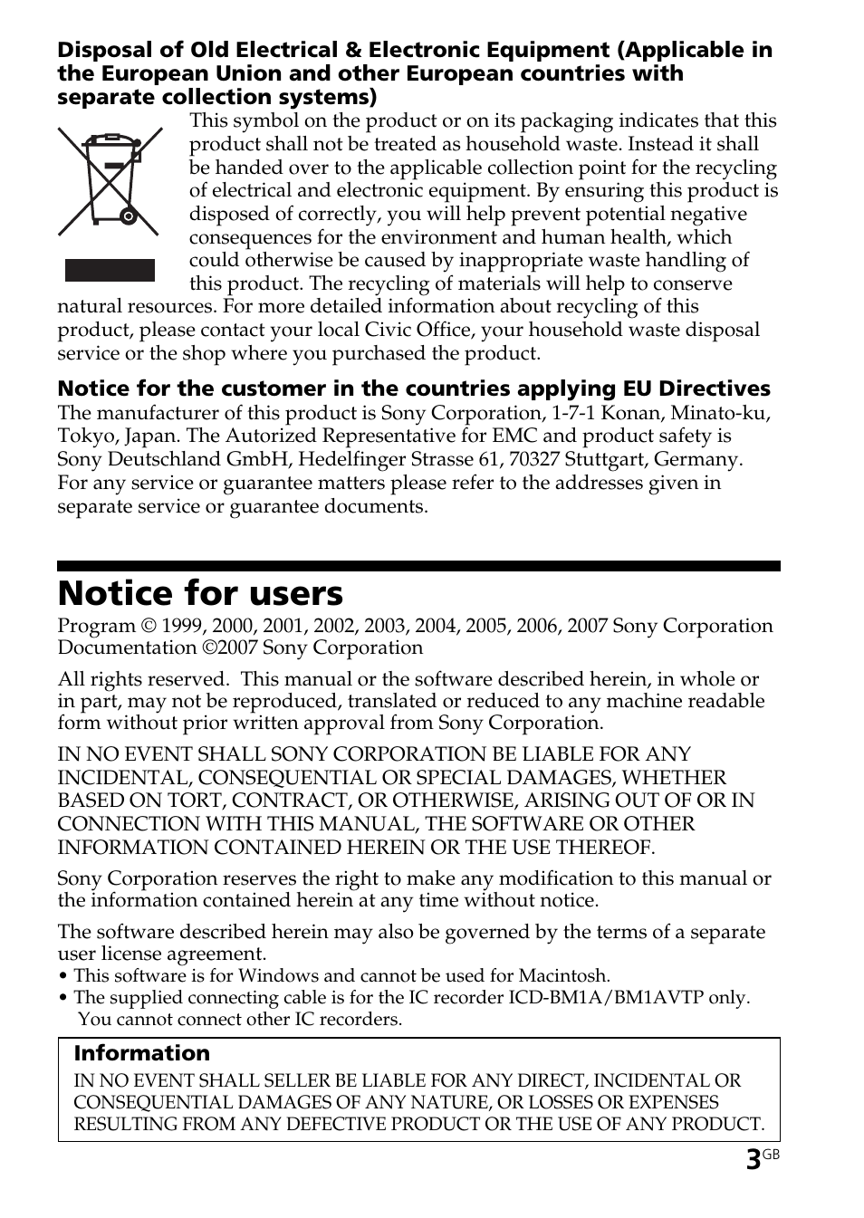 Notice for users | Sony ICD-BM1AVTP User Manual | Page 3 / 80