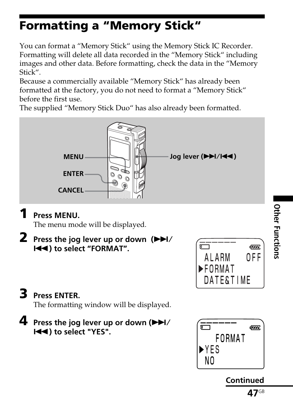 Formatting a “memory stick | Sony ICD-BM1AVTP User Manual | Page 47 / 80