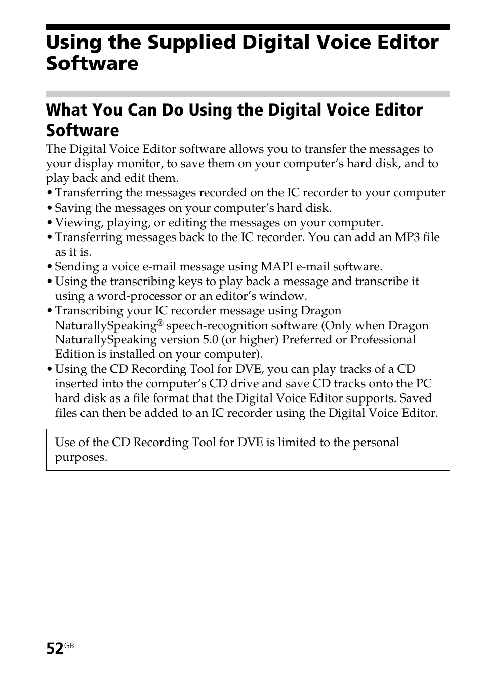 Using the supplied digital voice editor software, What you can do using the digital voice editor, Software | Sony ICD-BM1AVTP User Manual | Page 52 / 80