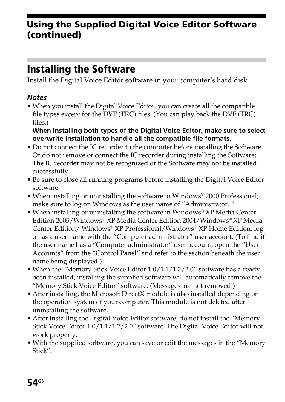 Installing the software | Sony ICD-BM1AVTP User Manual | Page 54 / 80