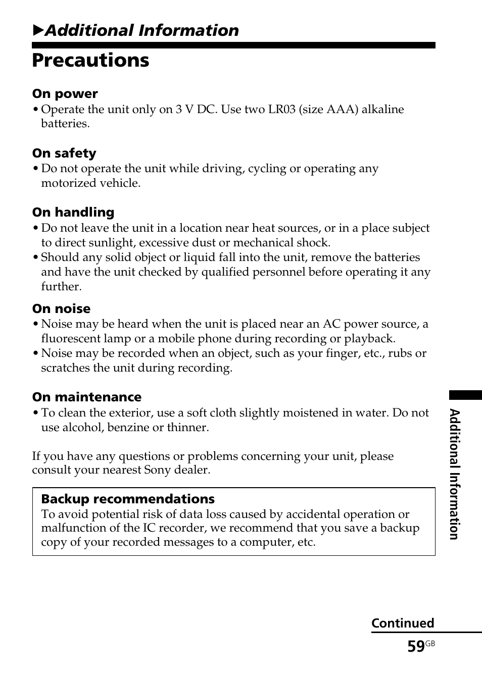 Additional information, Precautions, Badditional information | Sony ICD-BM1AVTP User Manual | Page 59 / 80