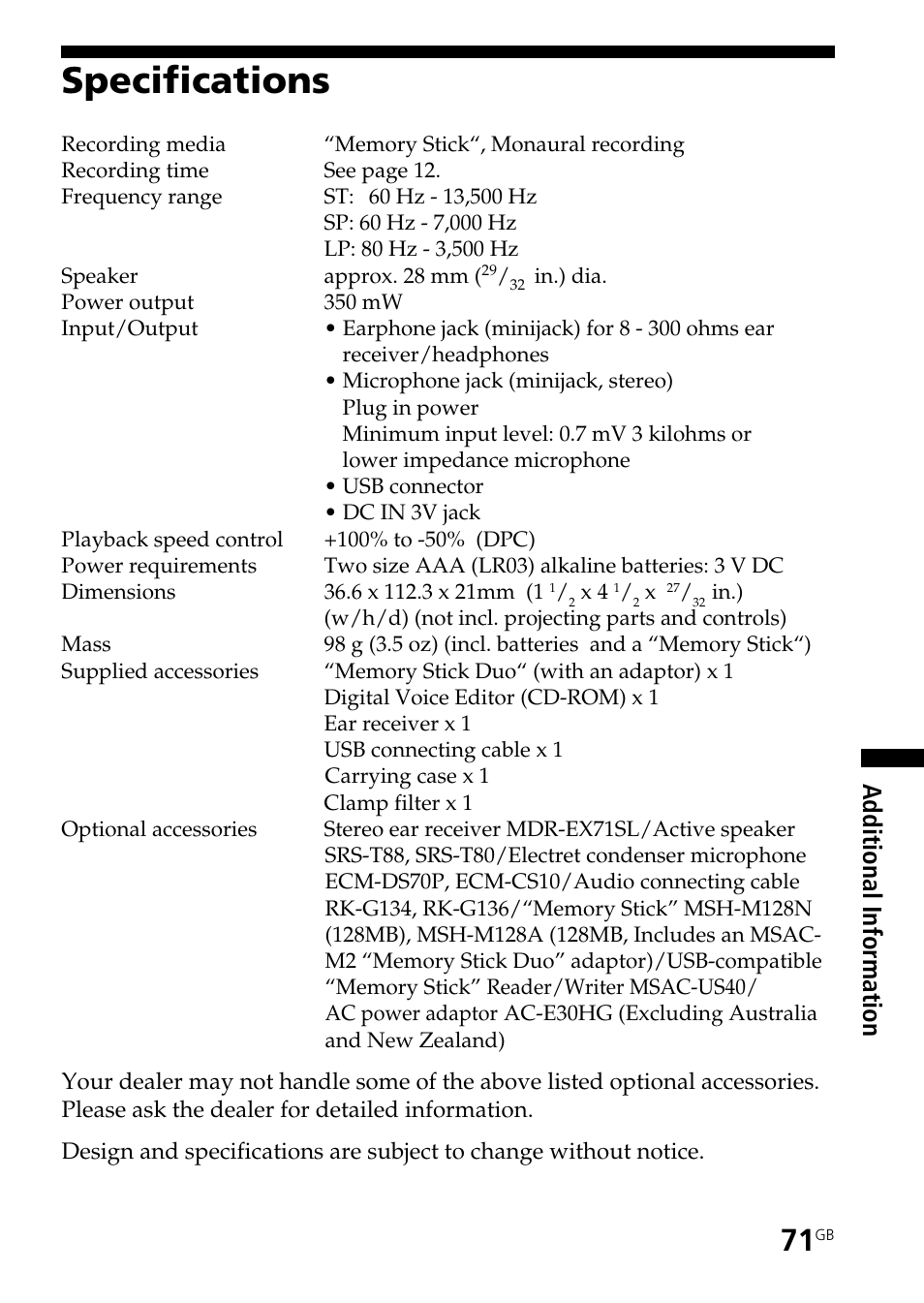 Specifications, Additional informatio n | Sony ICD-BM1AVTP User Manual | Page 71 / 80