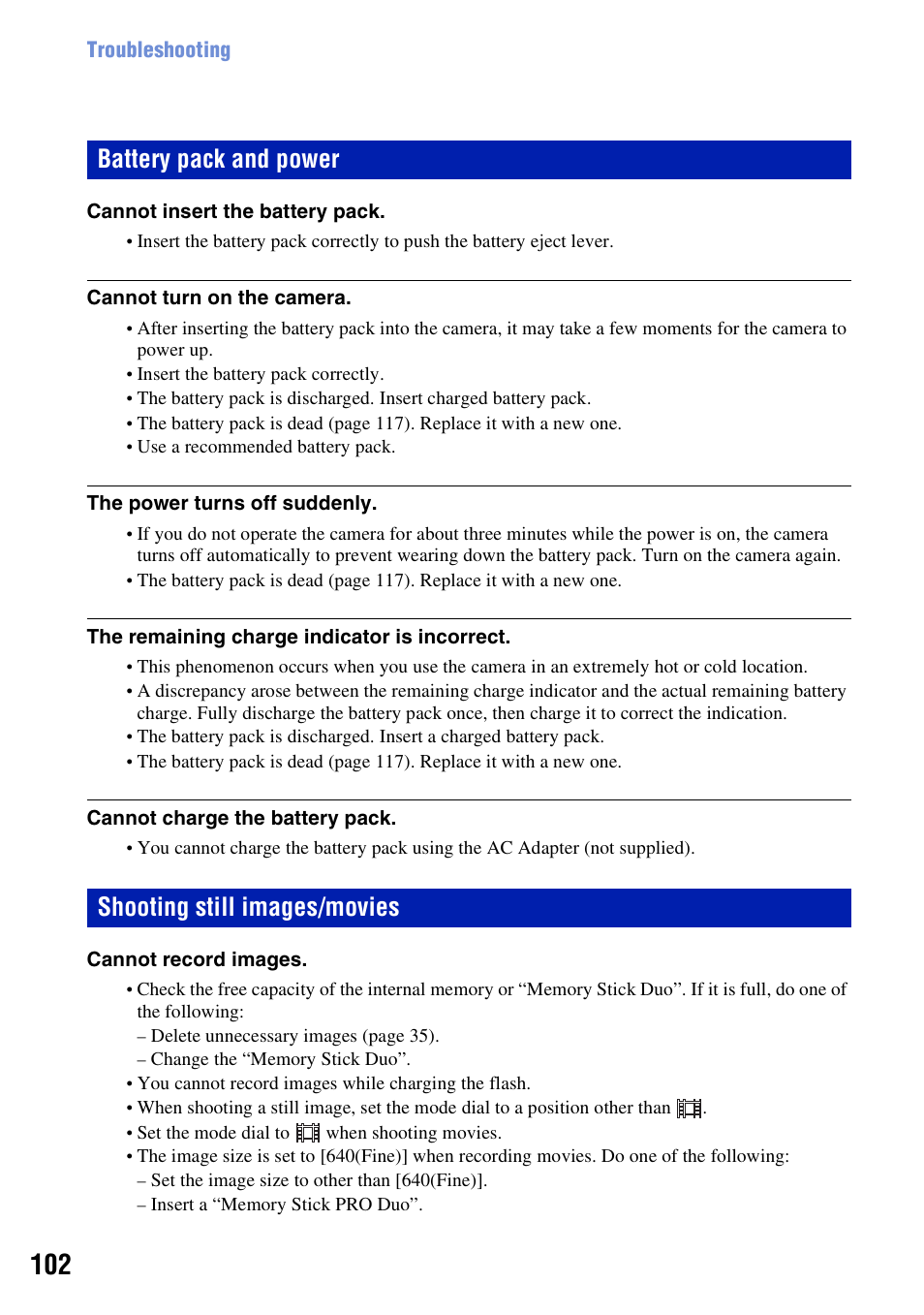 S 102 t, Battery pack and power, Shooting still images/movies | Sony Cyber-shot DSC-H10 User Manual | Page 102 / 123