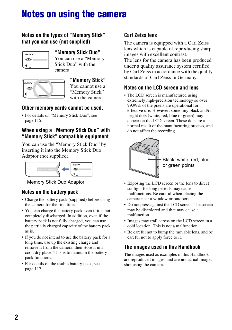 Notes on using the camera | Sony Cyber-shot DSC-H10 User Manual | Page 2 / 123