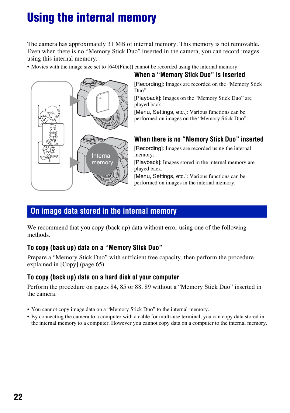 Using the internal memory | Sony Cyber-shot DSC-H10 User Manual | Page 22 / 123