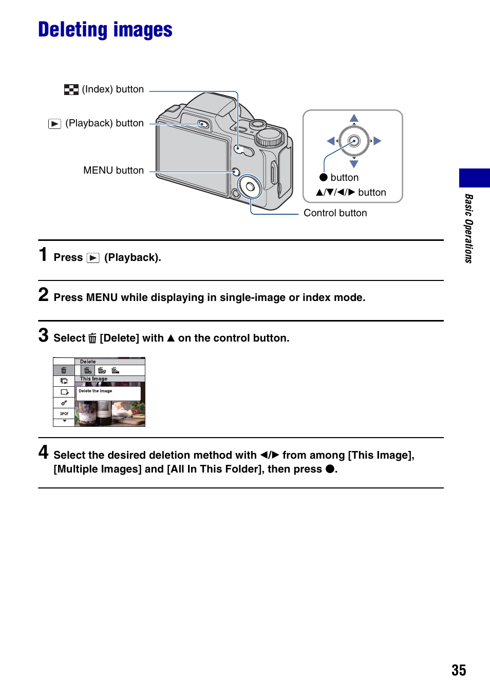 Deleting images | Sony Cyber-shot DSC-H10 User Manual | Page 35 / 123