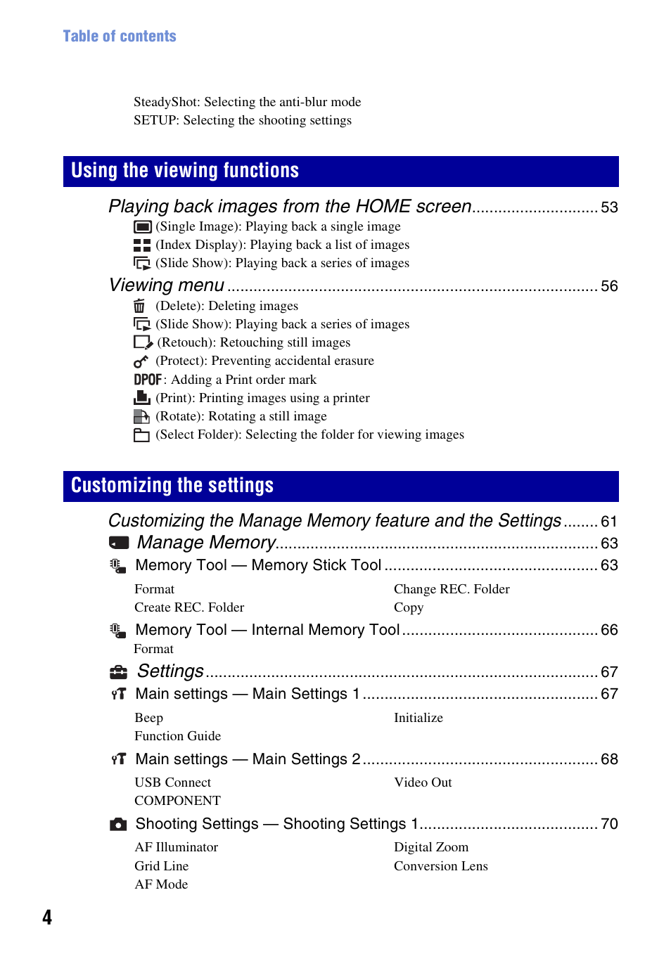 Playing back images from the home screen, Viewing menu, Settings | Sony Cyber-shot DSC-H10 User Manual | Page 4 / 123