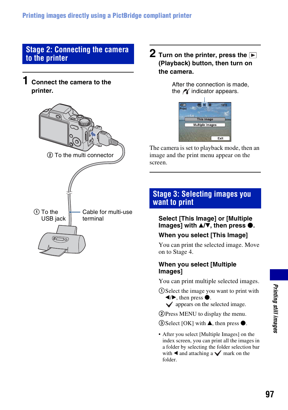 Stage 2: connecting the camera to the printer, Stage 3: selecting images you want to print | Sony Cyber-shot DSC-H10 User Manual | Page 97 / 123