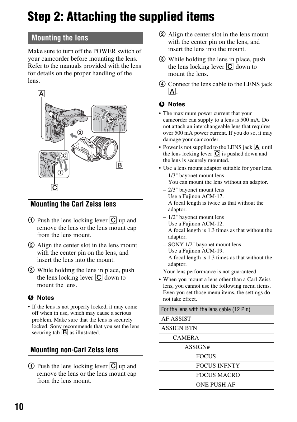 Step 2: attaching the supplied items, Wh) (1) (p. 10, Mounting the lens | Sony HVR-Z7E User Manual | Page 10 / 146