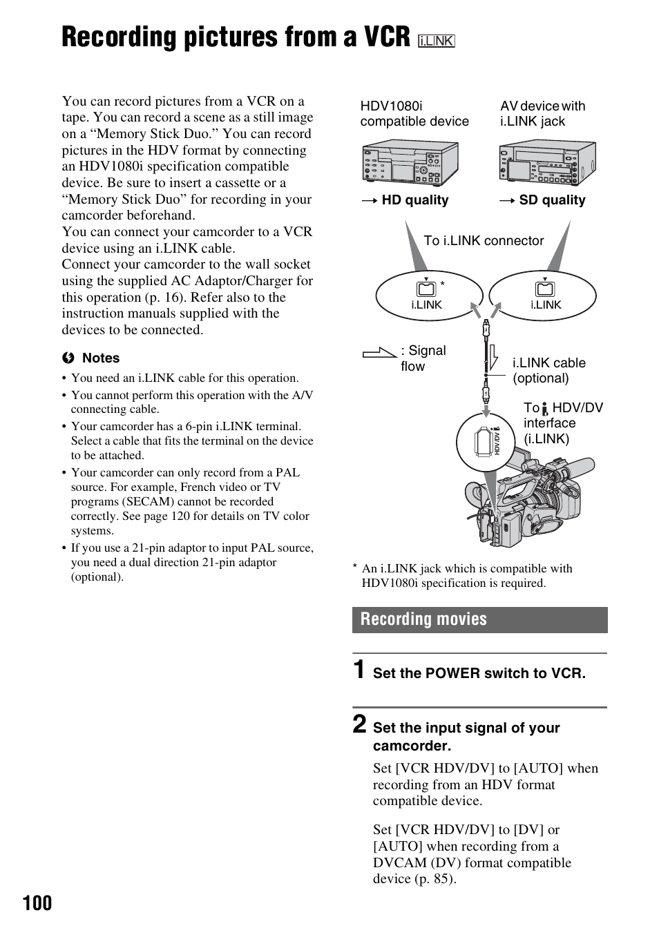 Recording pictures from a vcr, P. 100, Recording movies | Sony HVR-Z7E User Manual | Page 100 / 146