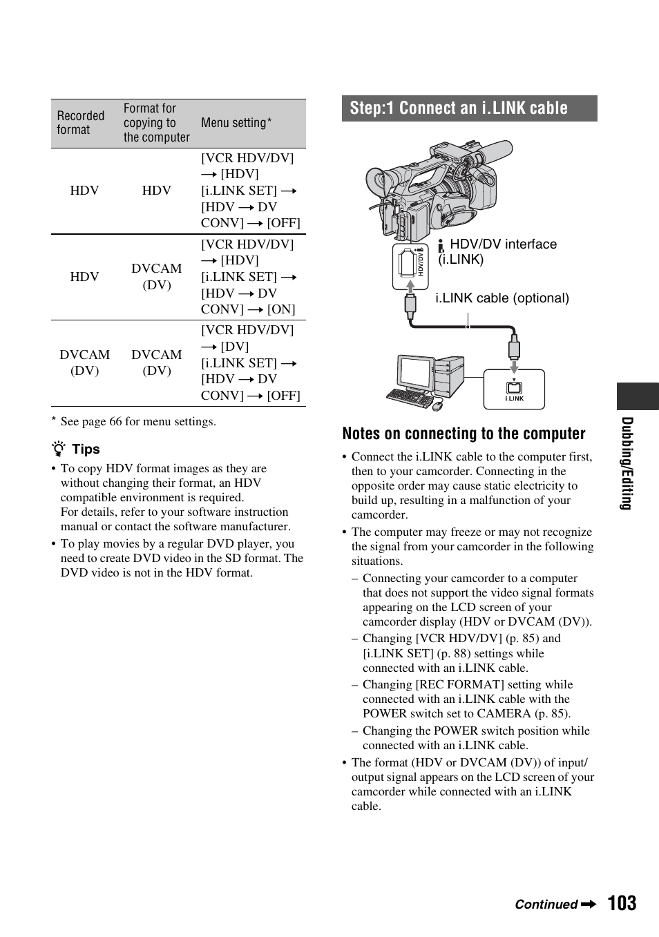 Step:1 connect an i.link cable | Sony HVR-Z7E User Manual | Page 103 / 146