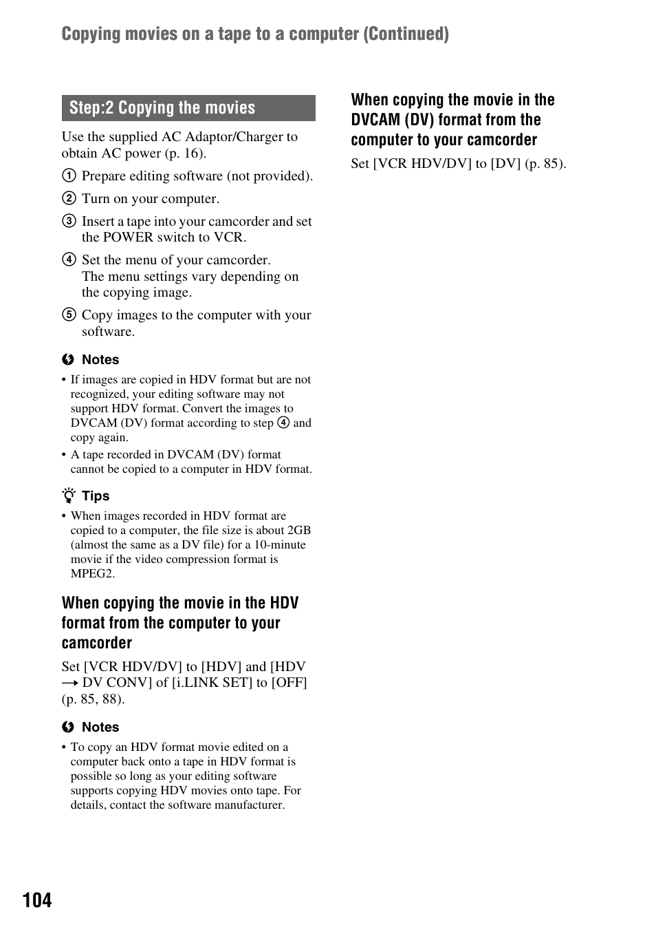 Copying movies on a tape to a computer (continued), Step:2 copying the movies | Sony HVR-Z7E User Manual | Page 104 / 146