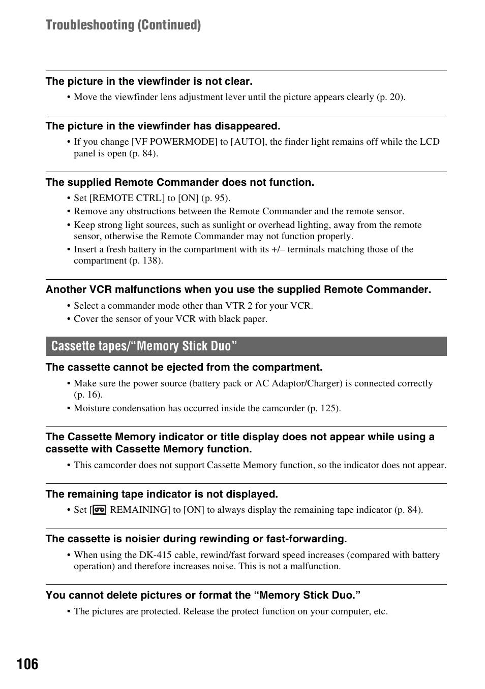 P. 106), P. 106, Troubleshooting (continued) | Sony HVR-Z7E User Manual | Page 106 / 146