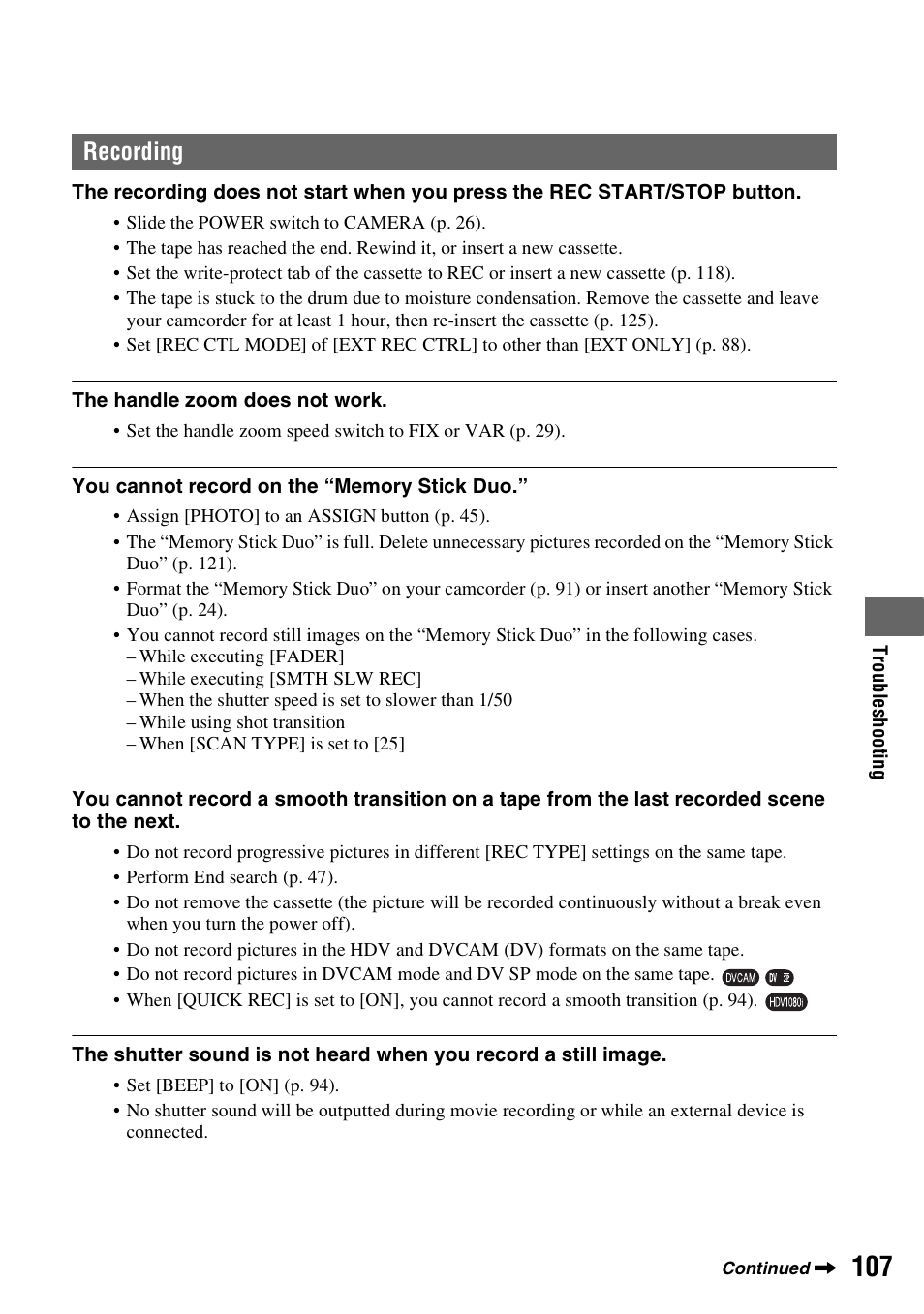 P. 107, Recording | Sony HVR-Z7E User Manual | Page 107 / 146