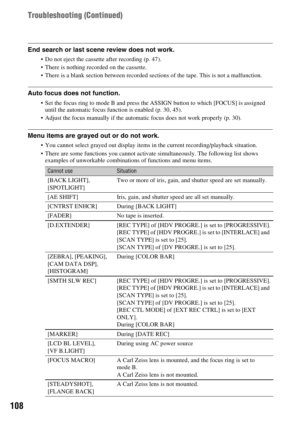 Troubleshooting (continued) | Sony HVR-Z7E User Manual | Page 108 / 146