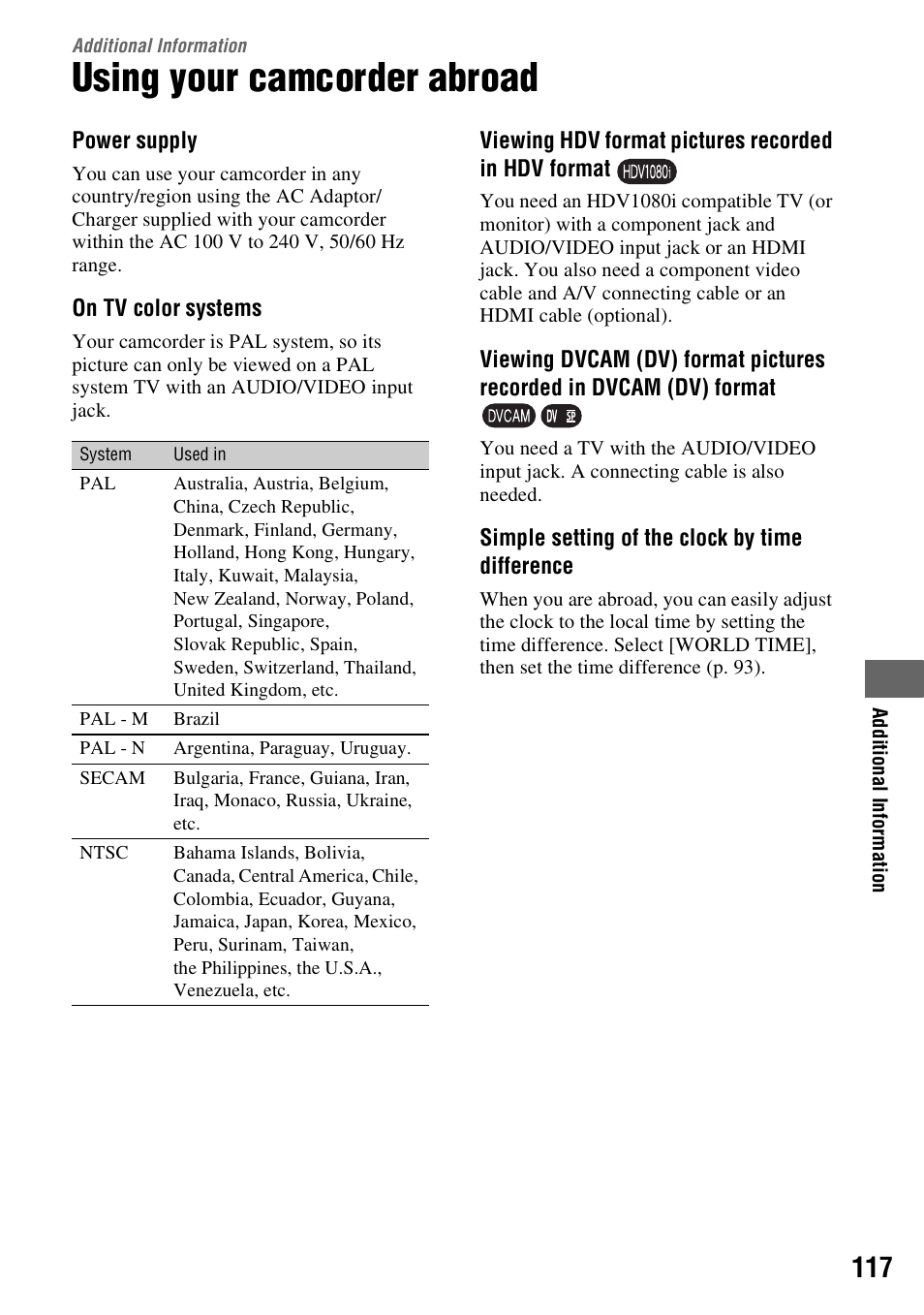 Additional information, Using your camcorder abroad | Sony HVR-Z7E User Manual | Page 117 / 146