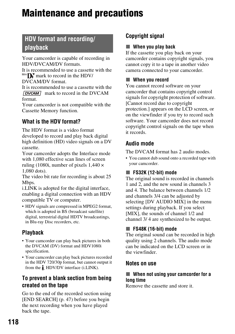 Maintenance and precautions, Hdv format and recording/ playback, Hdv format and recording/playback | 118 and, P. 118, P. 118) | Sony HVR-Z7E User Manual | Page 118 / 146