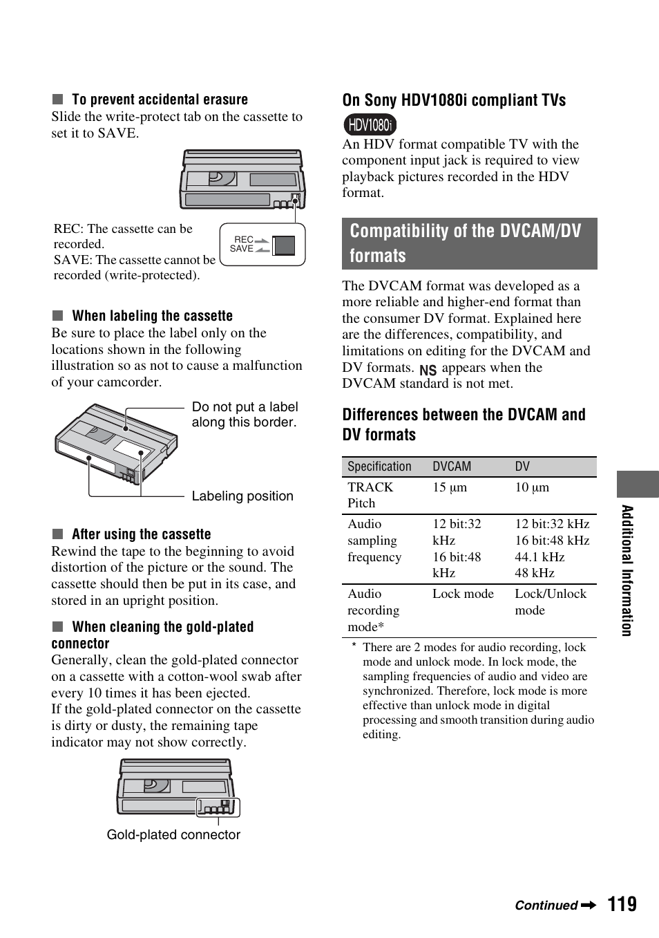 Compatibility of the dvcam/dv formats | Sony HVR-Z7E User Manual | Page 119 / 146