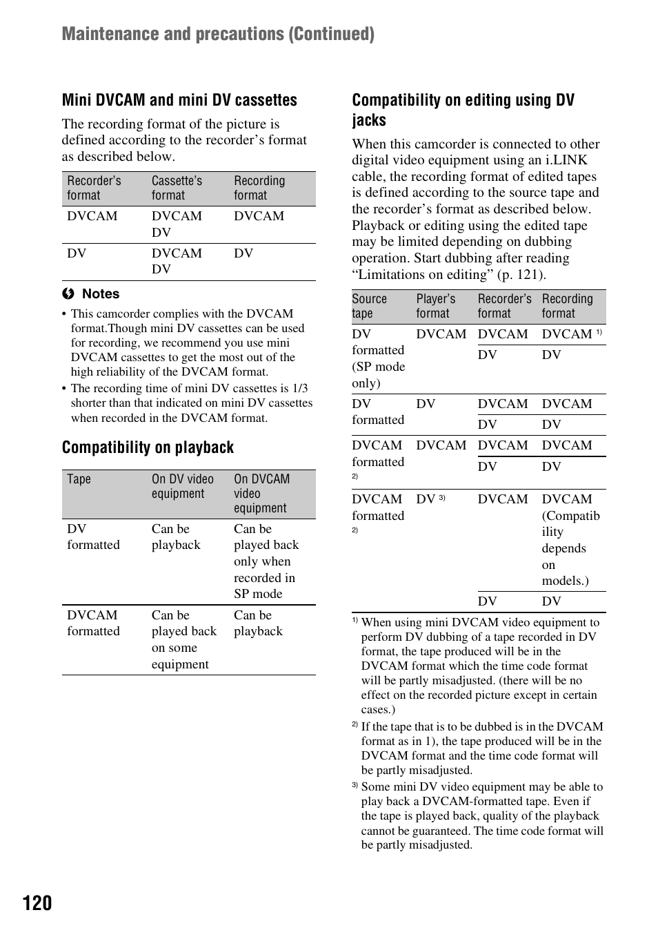 Maintenance and precautions (continued), Mini dvcam and mini dv cassettes | Sony HVR-Z7E User Manual | Page 120 / 146