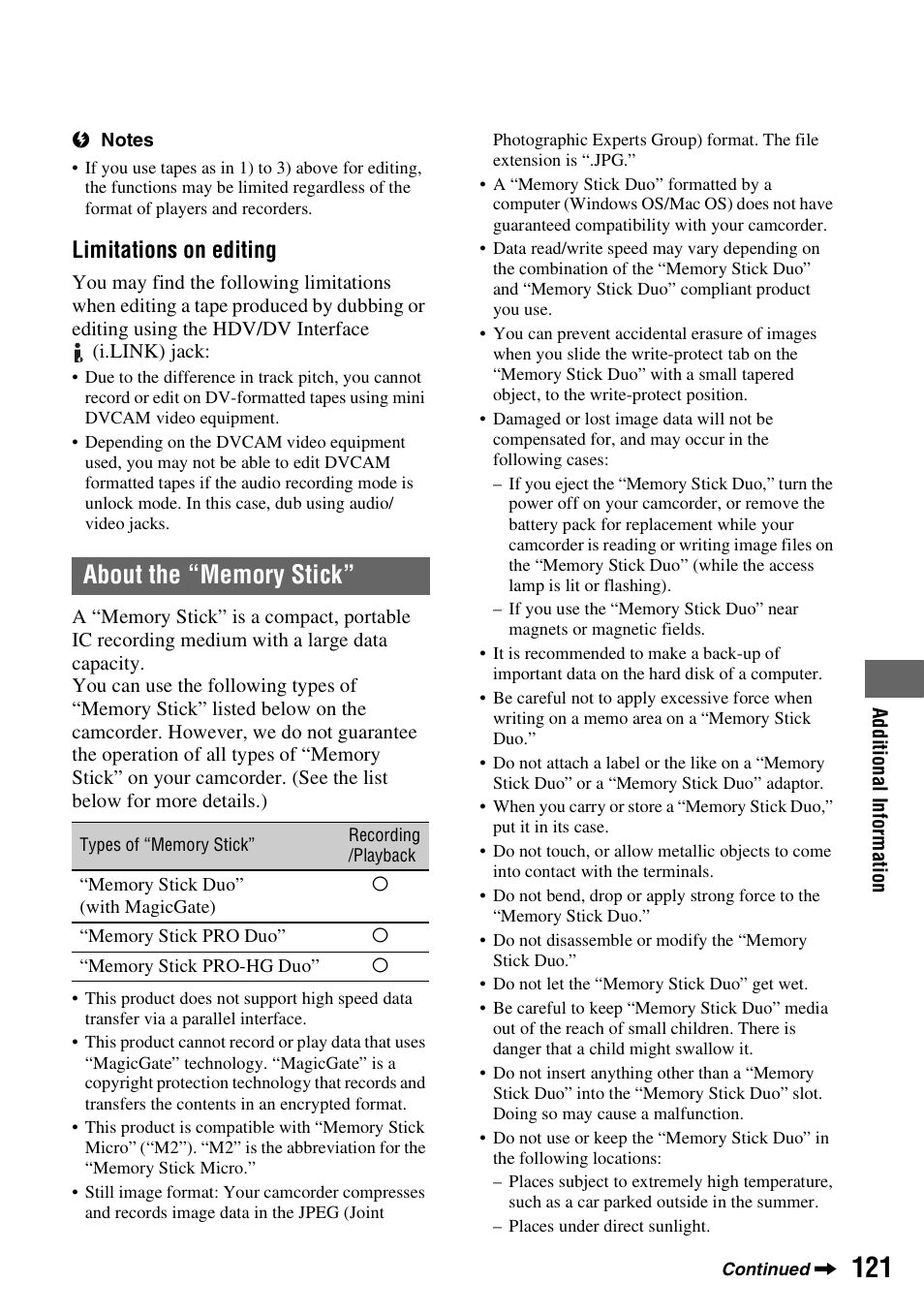 About the “memory stick, P. 121) or the, P. 121) | Limitations on editing | Sony HVR-Z7E User Manual | Page 121 / 146