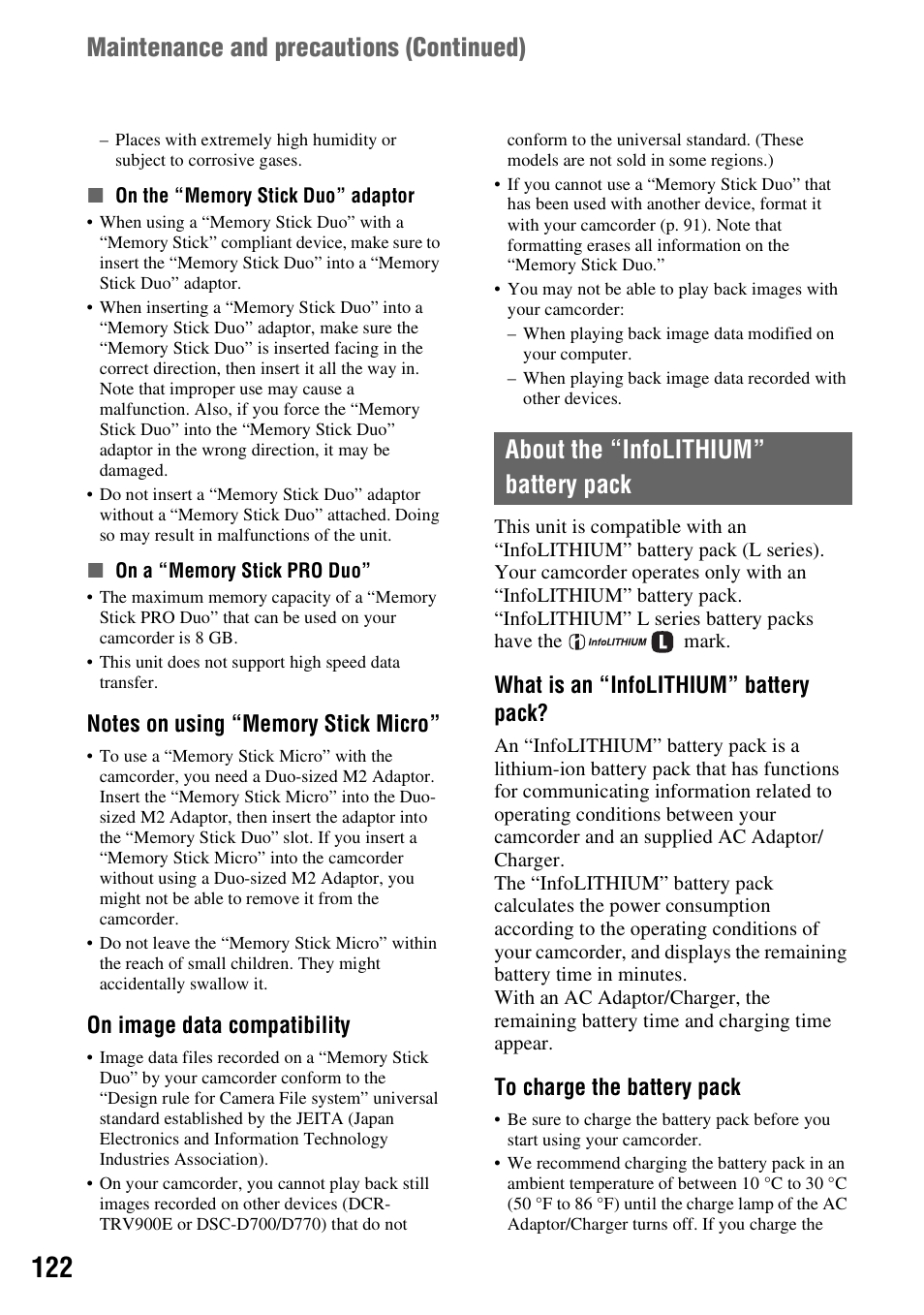 About the “infolithium” battery pack, On (p. 122), P. 122 | On image data compatibility, What is an “infolithium” battery pack | Sony HVR-Z7E User Manual | Page 122 / 146