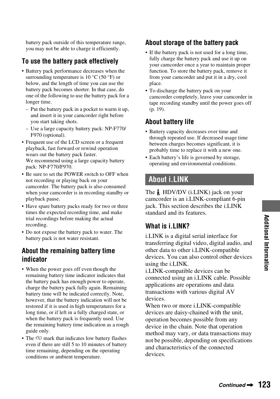 About i.link, About the remaining battery time indicator, About storage of the battery pack | About battery life, What is i.link | Sony HVR-Z7E User Manual | Page 123 / 146